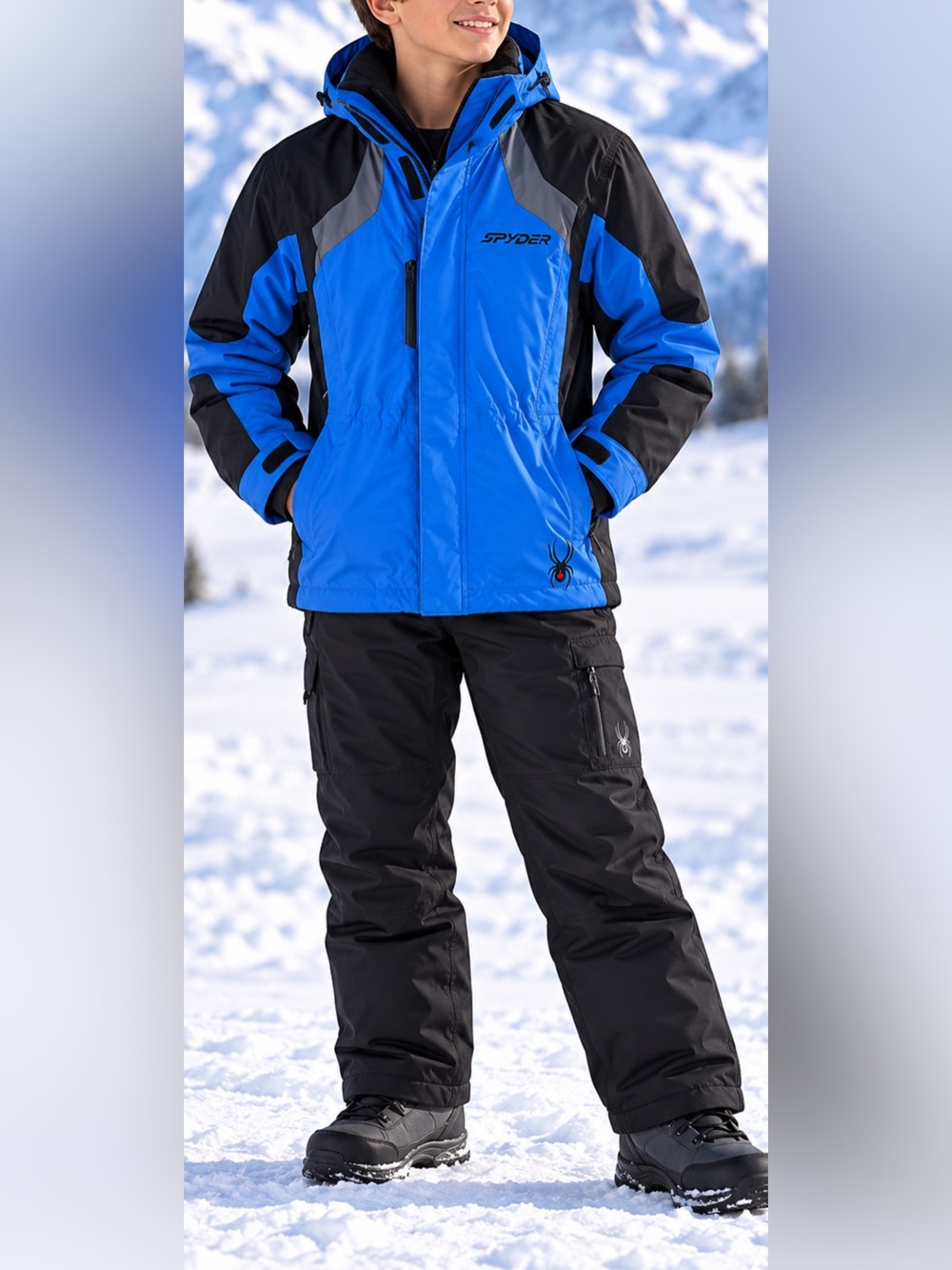 Spyder Kids 3-in-1 Ski Jacket Size 12 Blue Black Removable Inner Jacket Hood